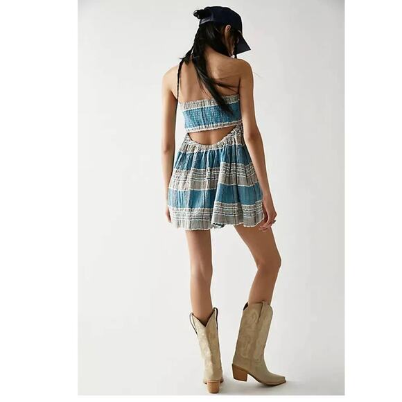 New Free People Barbara Babydoll Striped Boho Romper $128 XS Blue Smocked Back - Picture 3 of 4